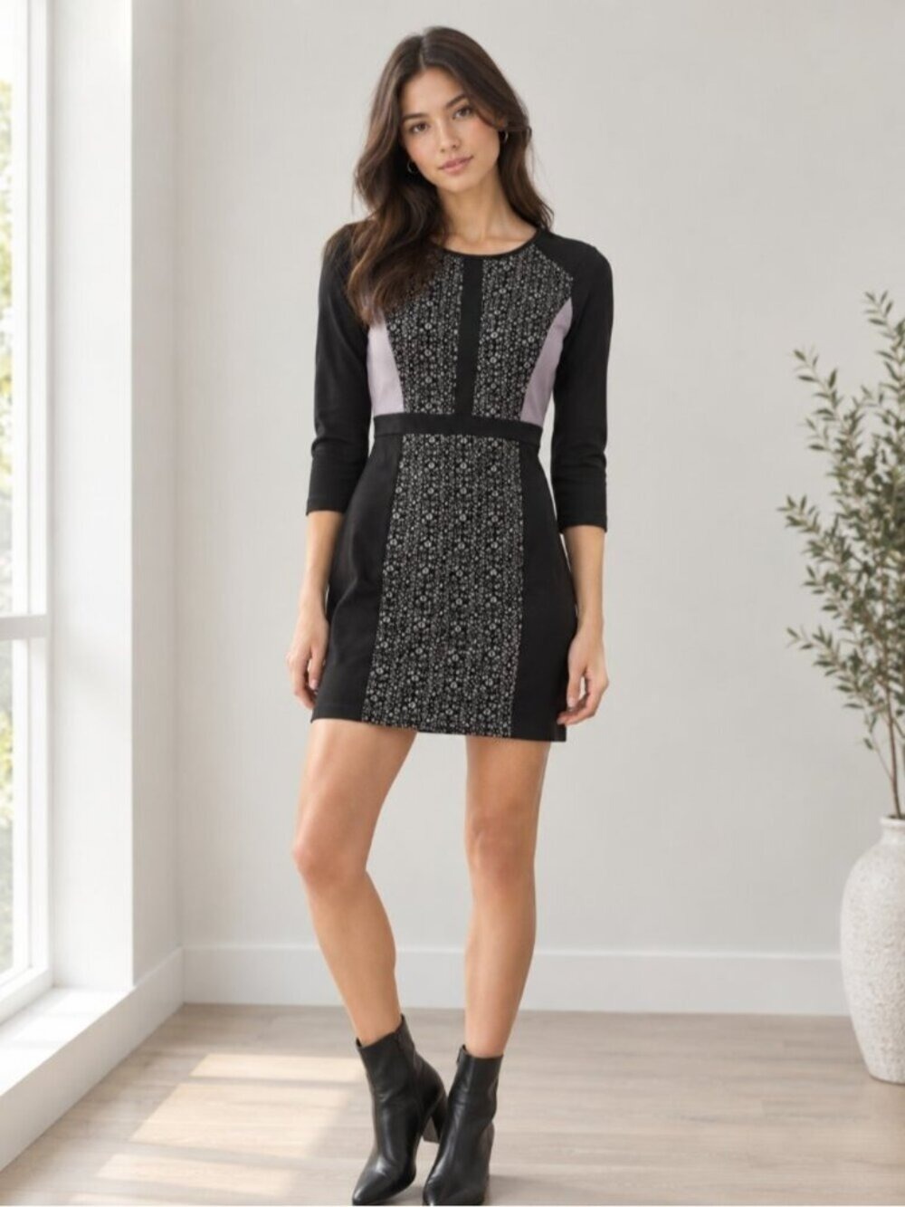 Supertrash Black Mauve Floral Panel Midi Dress 3/4 Sleeve M 0905